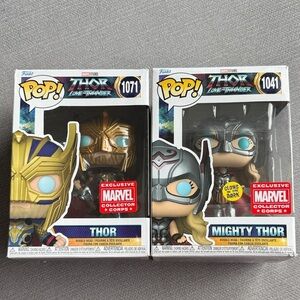 Funko Thor and Mighty Thor Figures with Gold and Silver Helmets